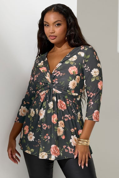 Yours London Curve Black Floral Knot Front Top