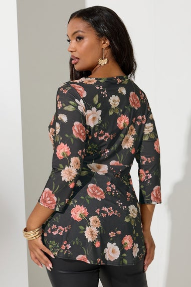 Yours London Curve Black Floral Knot Front Top