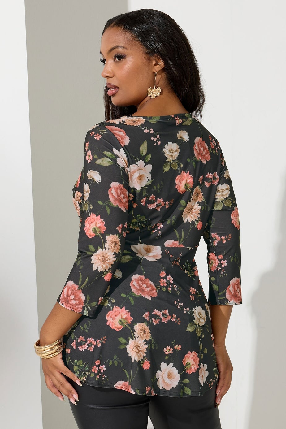 Yours London Curve Black Floral Knot Front Top
