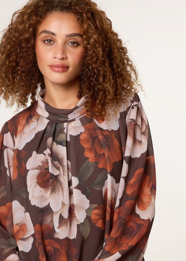 Blue Vanilla Brown Large Watercolour Floral Cowl Neck Puffball Blouse