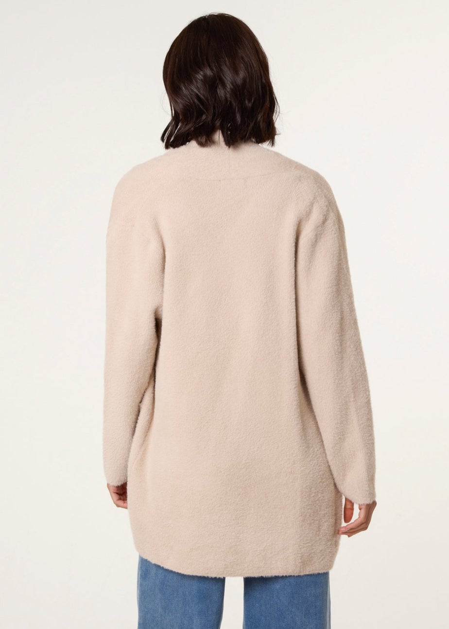 Blue Vanilla Beige Fluffy Fleece Open Midi Cardigan