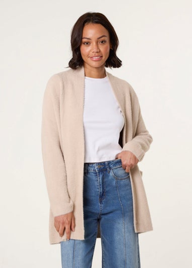 Blue Vanilla Beige Fluffy Fleece Open Midi Cardigan