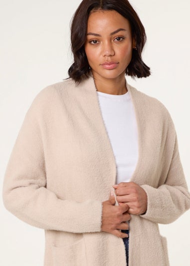 Blue Vanilla Beige Fluffy Fleece Open Midi Cardigan