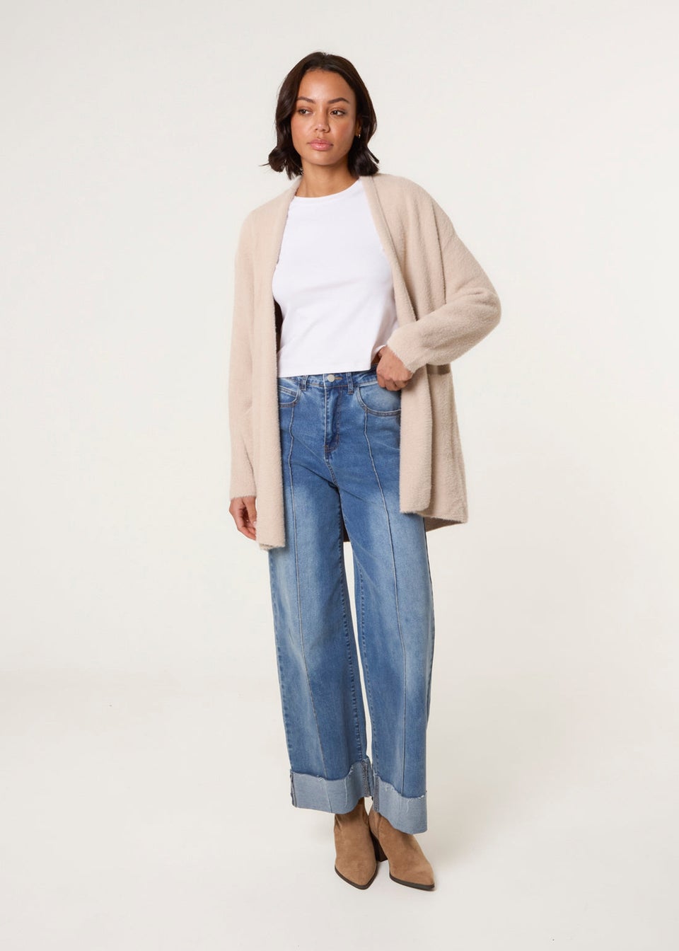 Blue Vanilla Beige Fluffy Fleece Open Midi Cardigan