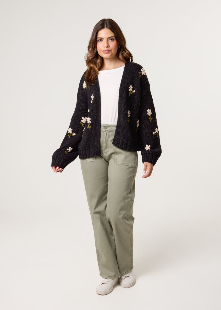 Blue Vanilla Black Flower Embroidery Detailed Cardigan