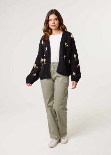 Blue Vanilla Black Flower Embroidery Detailed Cardigan