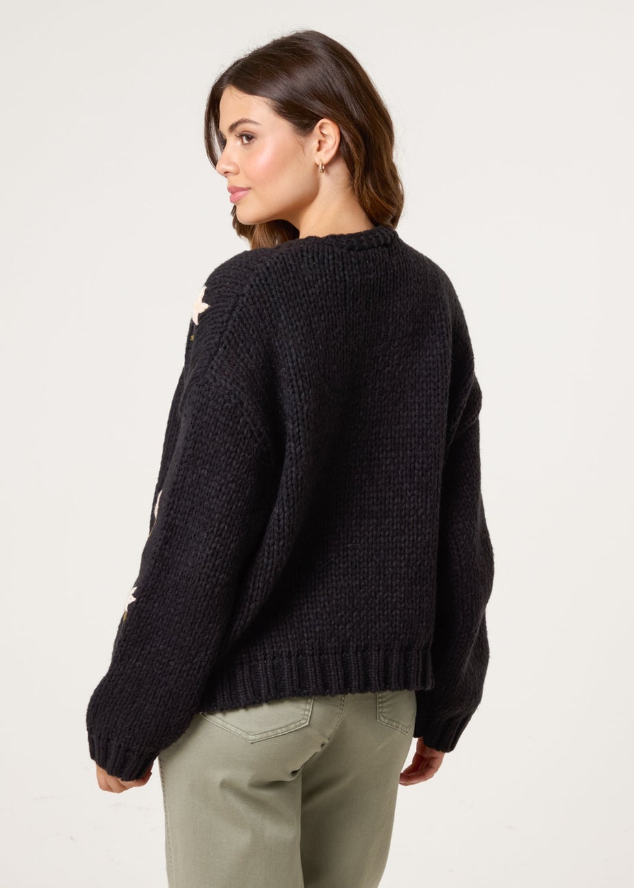 Blue Vanilla Black Flower Embroidery Detailed Cardigan