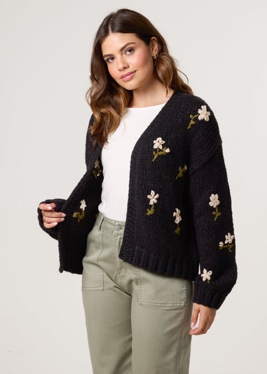 Blue Vanilla Black Flower Embroidery Detailed Cardigan