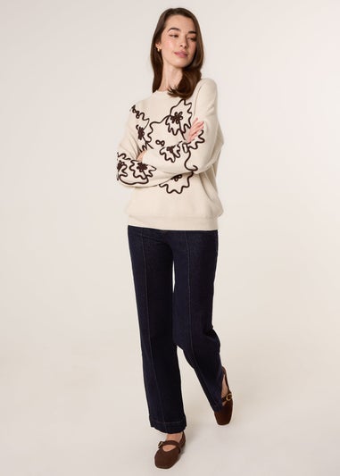 Blue Vanilla Beige Floral Embroidery Detailed Jumper