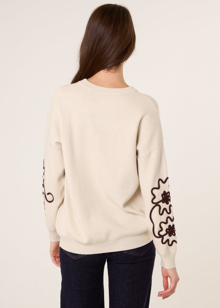 Blue Vanilla Beige Floral Embroidery Detailed Jumper