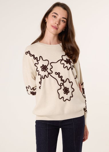Blue Vanilla Beige Floral Embroidery Detailed Jumper