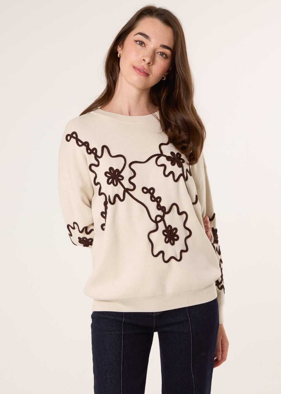 Blue Vanilla Beige Floral Embroidery Detailed Jumper