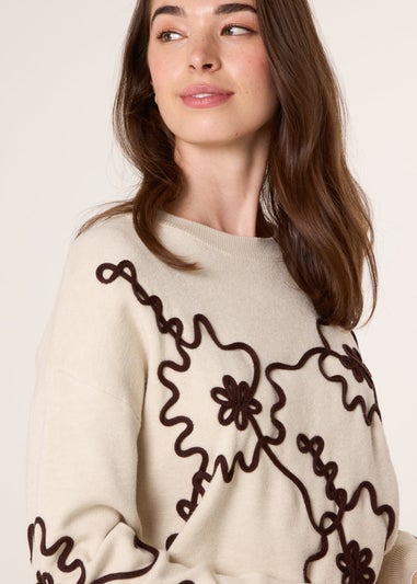 Blue Vanilla Beige Floral Embroidery Detailed Jumper