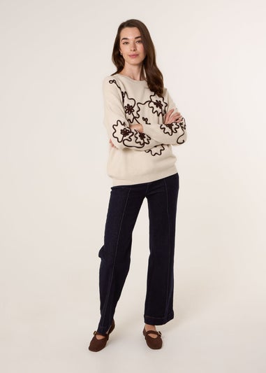Blue Vanilla Beige Floral Embroidery Detailed Jumper