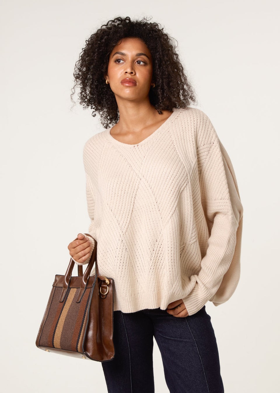 Blue Vanilla Stone Slouchy V Neck Jumper