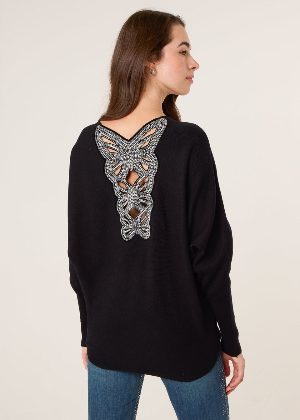 Blue Vanilla Black Batwing Jumper With Back Diamante Detailing