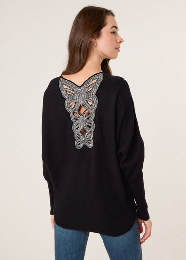 Blue Vanilla Black Batwing Jumper With Back Diamante Detailing
