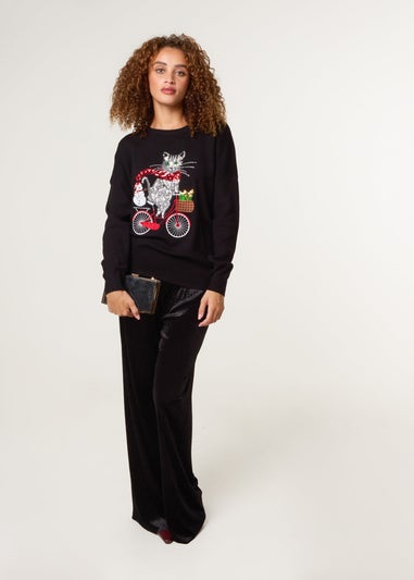 Blue Vanilla Black Christmas Cat On A Bike Jumper