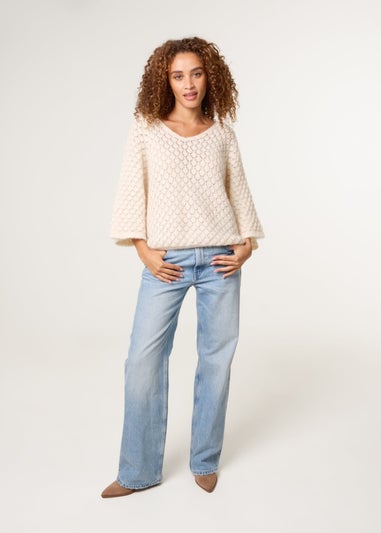 Blue Vanilla Beige Pointelle Knit Batwing Jumper