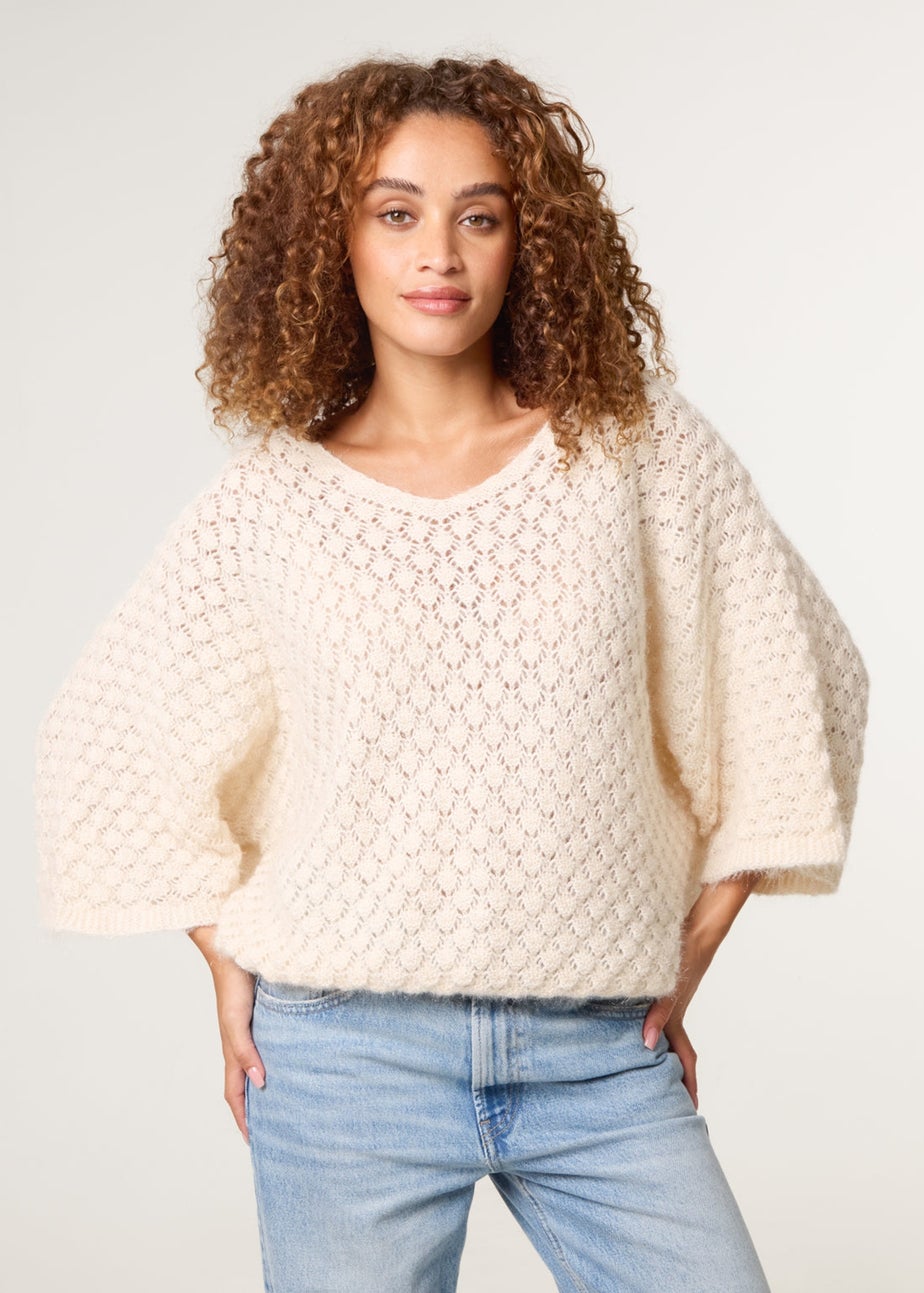 Blue Vanilla Beige Pointelle Knit Batwing Jumper