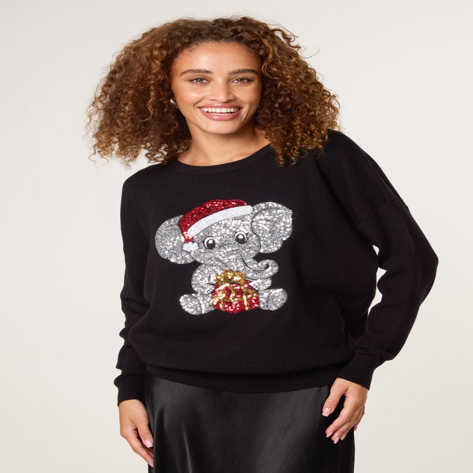 Blue Vanilla Black Christmas Sequin Elephant Jumper
