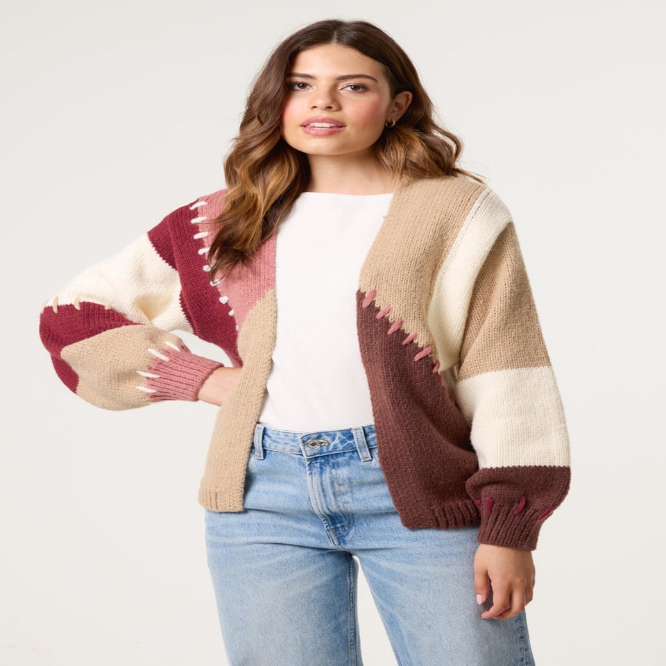 Blue Vanilla Brown Blanket Stitch Detailed Colourblock Cardigan