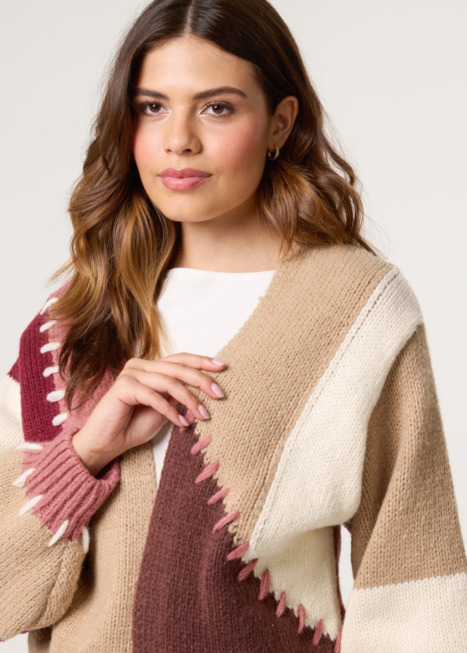 Blue Vanilla Brown Blanket Stitch Detailed Colourblock Cardigan