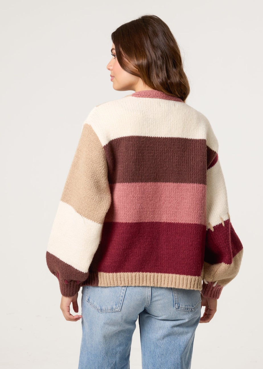 Blue Vanilla Brown Blanket Stitch Detailed Colourblock Cardigan