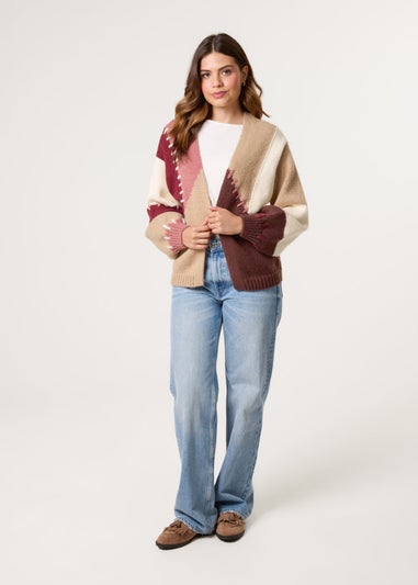 Blue Vanilla Brown Blanket Stitch Detailed Colourblock Cardigan