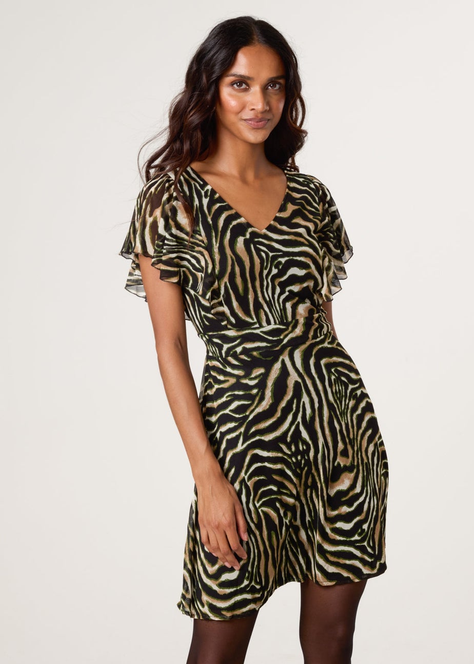 Blue Vanilla Brown Animal Print Frill V Neck Mini Mesh Dress