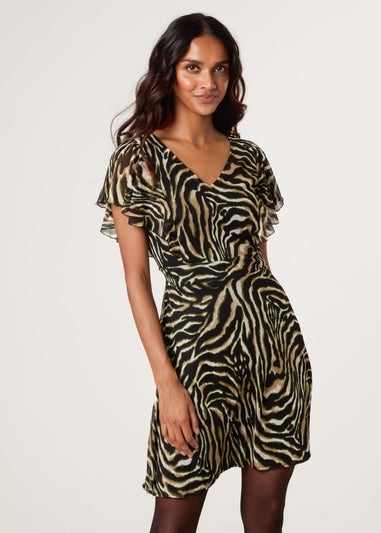 Blue Vanilla Brown Animal Print Frill V Neck Mini Mesh Dress