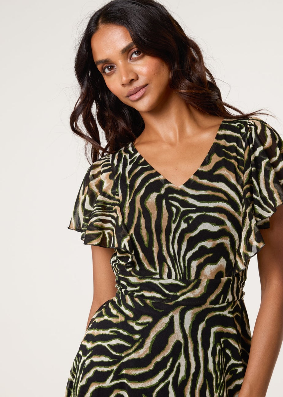 Blue Vanilla Brown Animal Print Frill V Neck Mini Mesh Dress