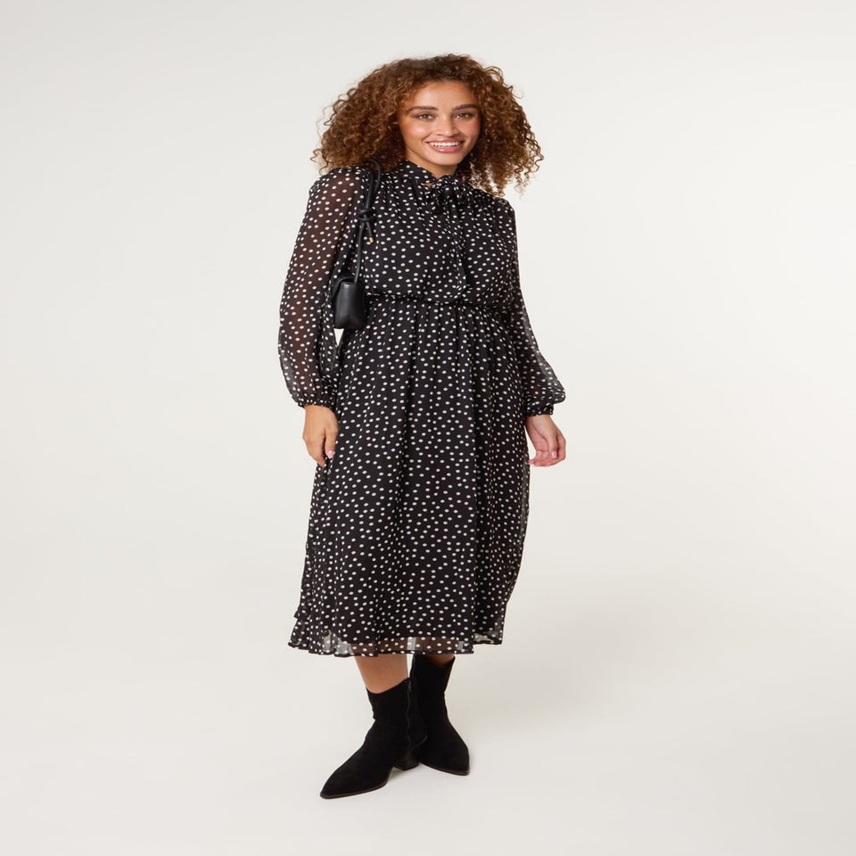 Blue Vanilla Black Polka Dot Tie Neck Midi Dress