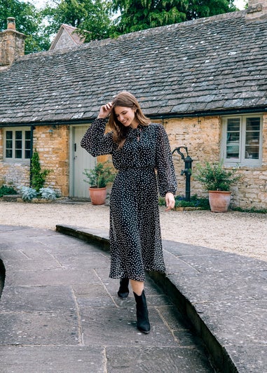 Blue Vanilla Black Polka Dot Tie Neck Midi Dress