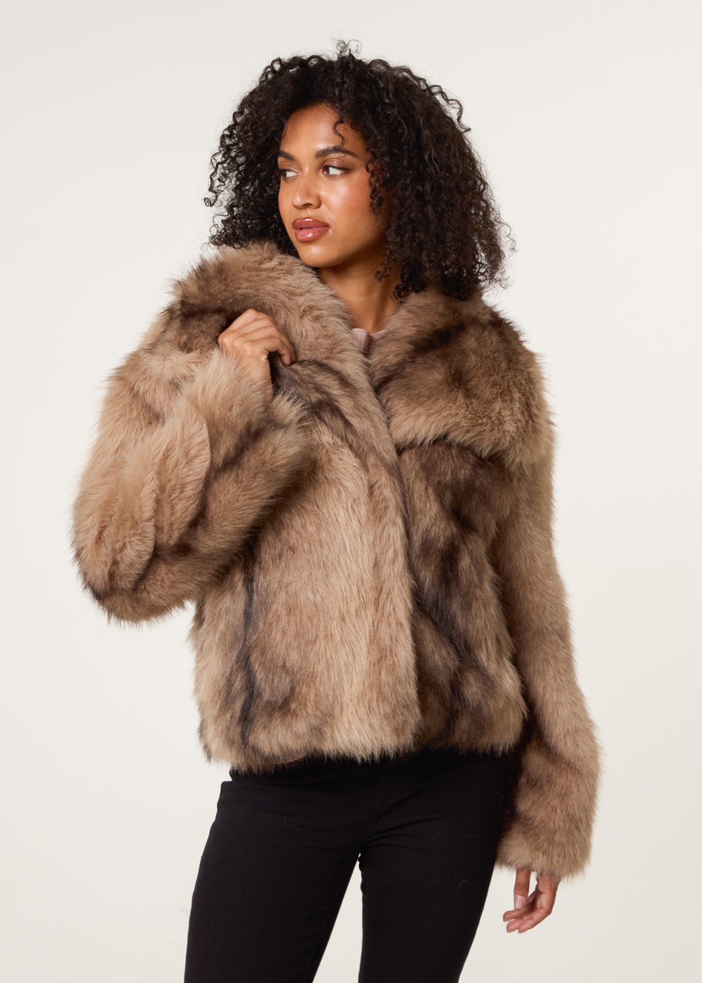 Gini London Beige Hooded Long Sleeve Faux Fur Jacket - Matalan