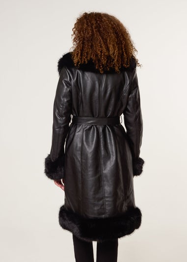 Blue Vanilla Black Faux Fur Trim Midi Coat