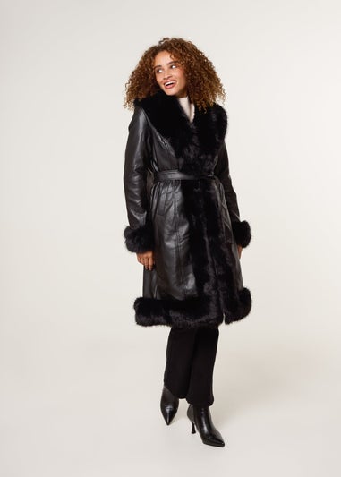 Blue Vanilla Black Faux Fur Trim Midi Coat
