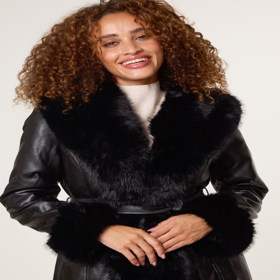 Blue Vanilla Black Faux Fur Trim Midi Coat