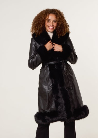 Blue Vanilla Black Faux Fur Trim Midi Coat