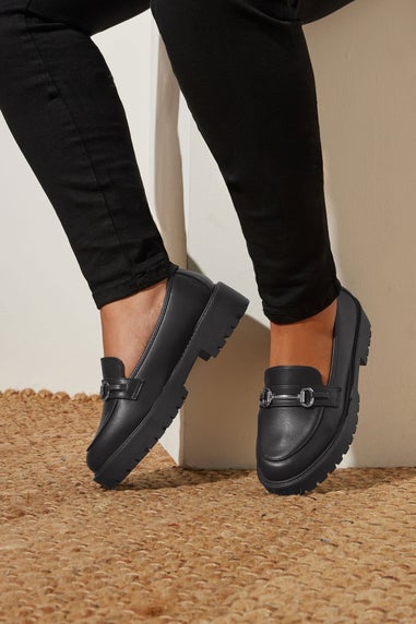 Yours Black Metal Trim Detail Loafers In Wide E & Extra Wide EEE Fit