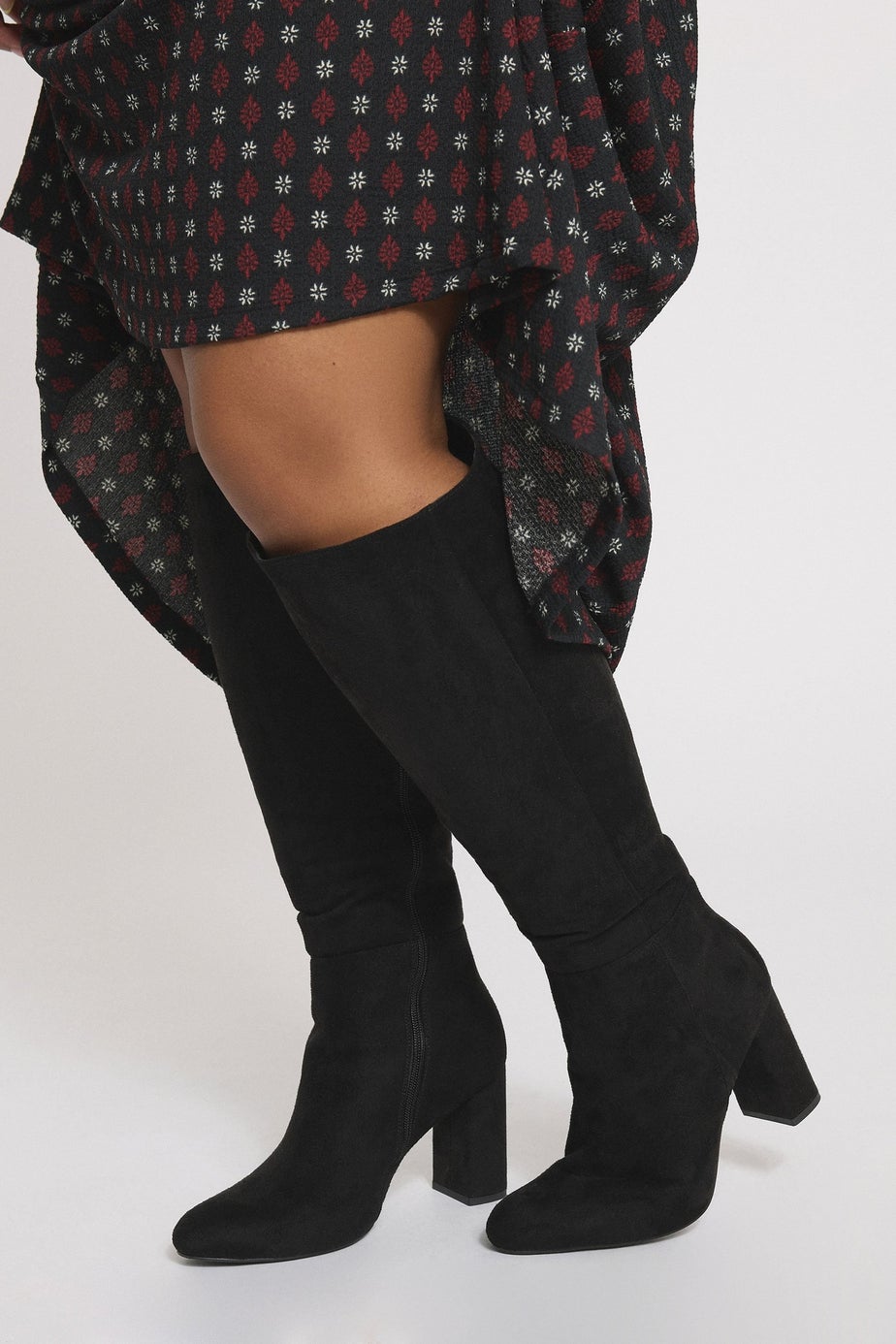 Yours Black Faux Suede Heeled Knee High Boot In Extra Wide EEE Fit