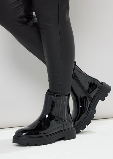Yours Black Patent Chunky Chealsea Boots In Extra Wide EEE Fit