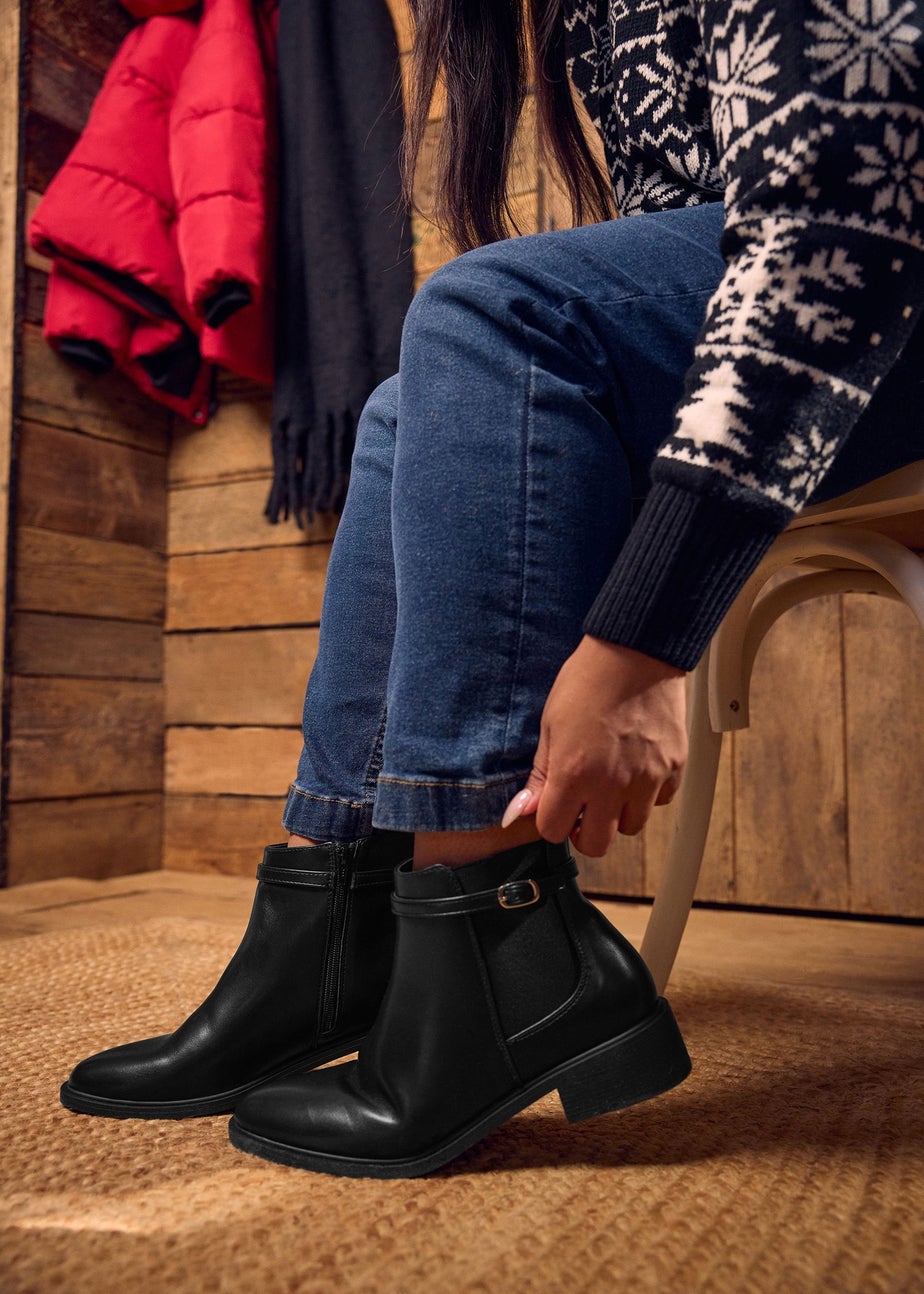 Yours Black Faux Leather Buckle Stretch Ankle Boots In Wide E Fit & Extra Wide EEE Fit