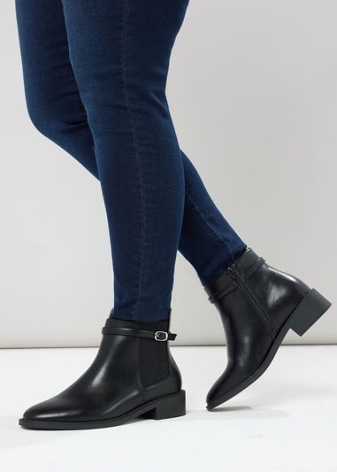 Yours Black Faux Leather Buckle Stretch Ankle Boots In Wide E Fit & Extra Wide EEE Fit