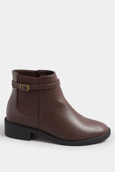 Yours Chocolate Brown Faux Leather Buckle Stretch Ankle Boots In Extra Wide EEE Fit