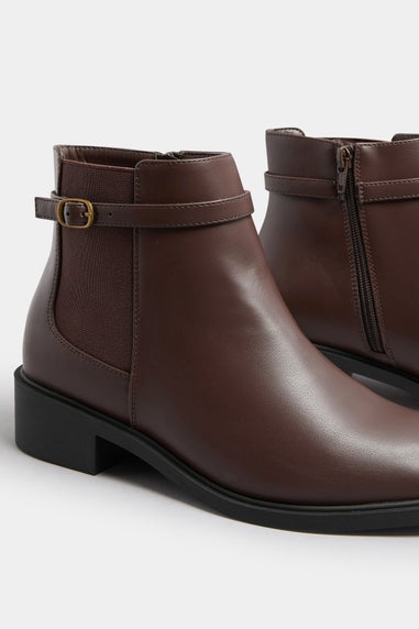 Yours Chocolate Brown Faux Leather Buckle Stretch Ankle Boots In Extra Wide EEE Fit