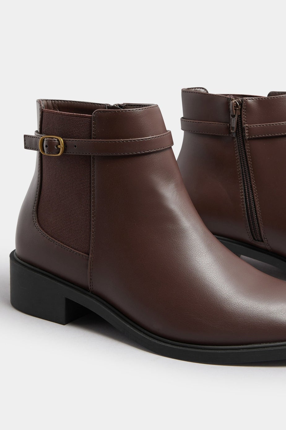 Yours Chocolate Brown Faux Leather Buckle Stretch Ankle Boots In Extra Wide EEE Fit