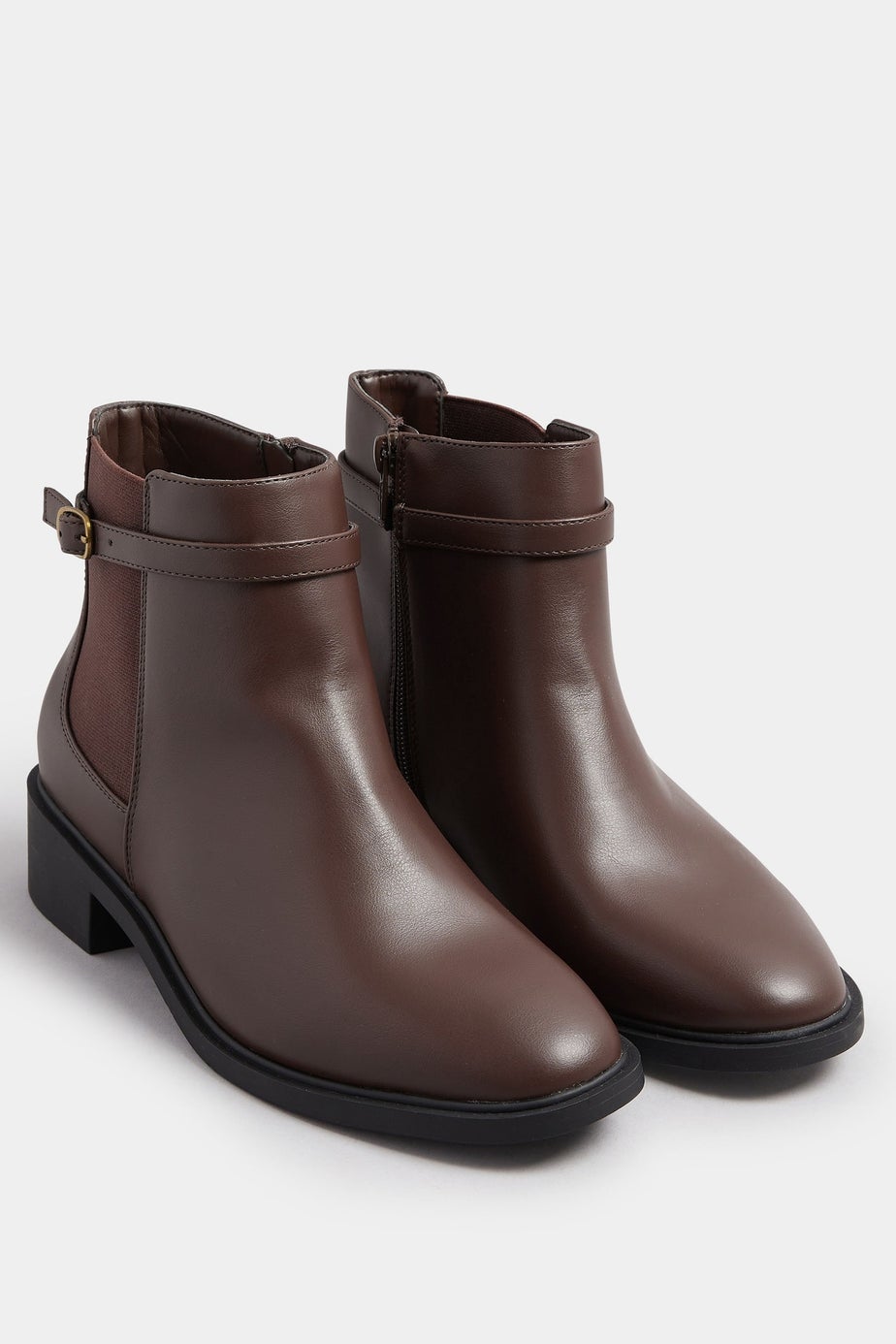 Yours Chocolate Brown Faux Leather Buckle Stretch Ankle Boots In Extra Wide EEE Fit