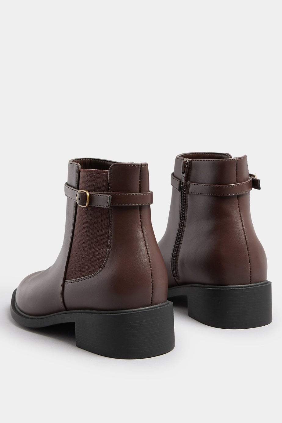 Yours Chocolate Brown Faux Leather Buckle Stretch Ankle Boots In Extra Wide EEE Fit