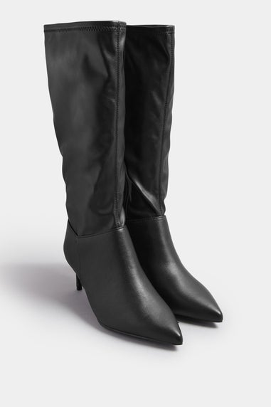 Yours Black Faux Leather Pointed Kitten Heel Boots In Extra Wide EEE Fit